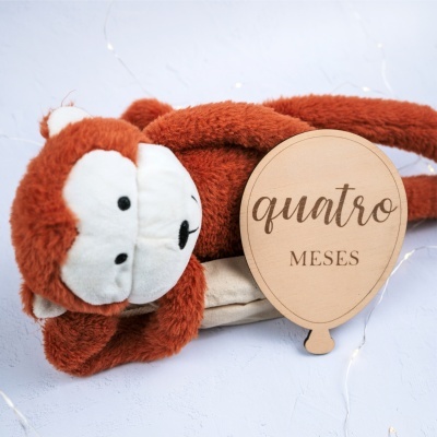 Pelúcia macaco castanho com placa de madeira quatro meses