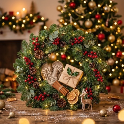 Guirlanda de Natal decorativa com pinhas, bagas vermelhas, luzes e enfeites sobre mesa de madeira com decoração natalícia ao fundo.