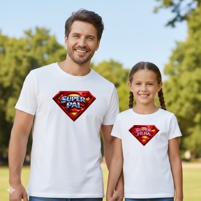 Homem e menina com t-shirts brancas estampadas ao ar livre