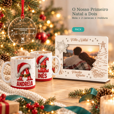 Pack Primeiro Natal a Dois: bola, duas canecas e moldura de Natal