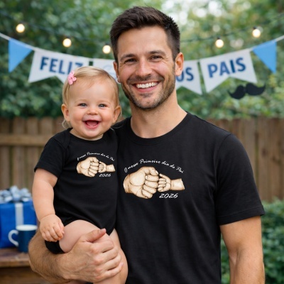 Pai e bebé felizes com camisolas pretas personalizadas com design de punhos e texto em festa ao ar livre