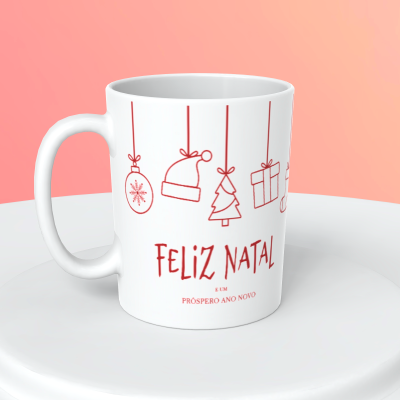 Caneca branca com desenhos natalícios vermelhos e texto Feliz Natal