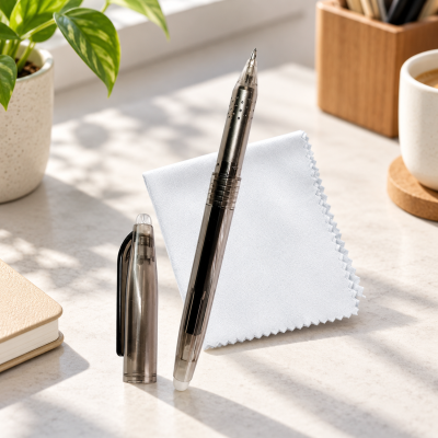 Caneta preta translúcida com tampa, pano branco, planta, bloco de notas, caixa de madeira com canetas e chávena de café