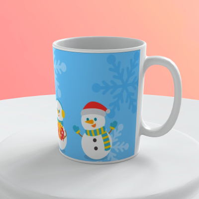 Caneca azul com bonecos de neve e flocos de neve