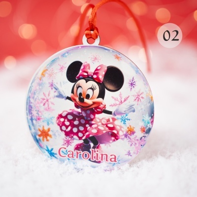 Enfeite de Natal redondo com Minnie Mouse e nome Carolina
