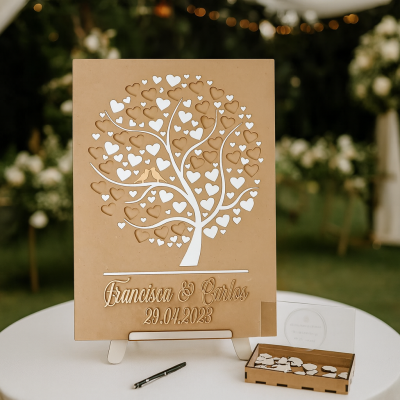 Placa de madeira com árvore de corações e texto personalizado para evento, sobre mesa redonda com caneta e caixa de madeira