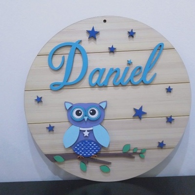 Placa redonda de madeira com nome Daniel e coruja azul