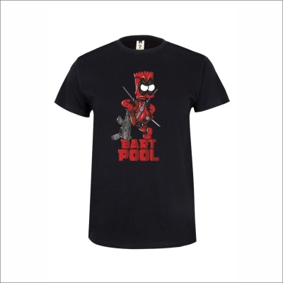 T-shirt preta com personagem cartoon vermelho e texto BART POOL