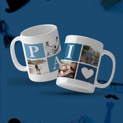 Canecas brancas personalizadas com fotos e letras azuis