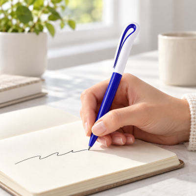 Caneta azul e branca a escrever num caderno aberto numa mesa clara com planta e caneca ao fundo