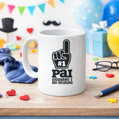 Caneca branca com texto #1 Pai número 1 do mundo design preto sobre mesa com objetos de festa e trabalho