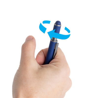 Mão segurando caneta azul com indicação de rotação na ponta
