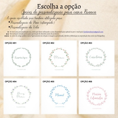 Opções de personalização para caixa branca com designs florais e nomes, texto em português
