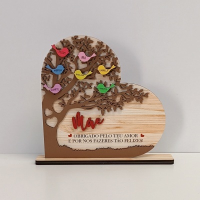 Placa decorativa de madeira em forma de coração com árvore e pássaros coloridos com nomes e texto para mãe
