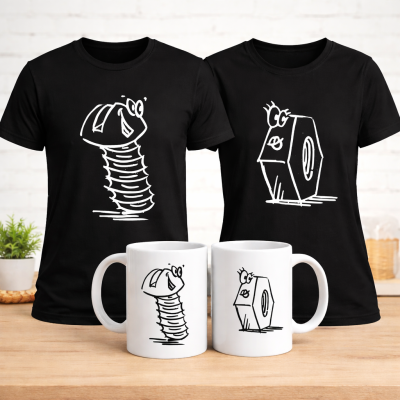 T-shirts pretas e canecas brancas com desenhos animados de parafuso e porca com olhos