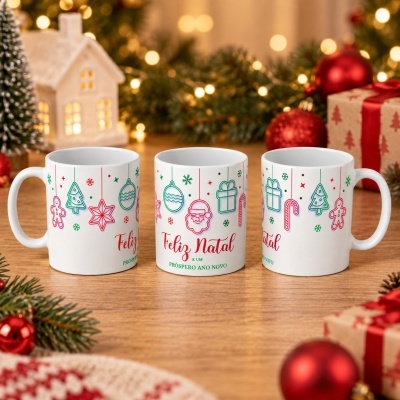 Conjunto de três canecas brancas decoradas com motivos natalícios coloridos e texto em português.