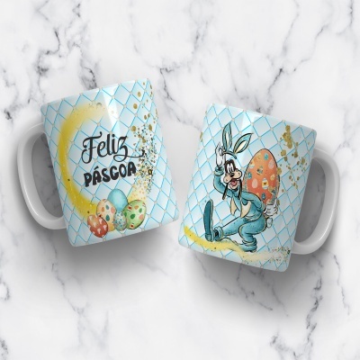 Duas canecas de cerâmica decoradas com tema de Páscoa, ovos coloridos e personagem animado vestido de coelho.