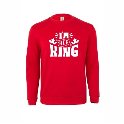 Sweatshirt vermelha com texto branco Im her king