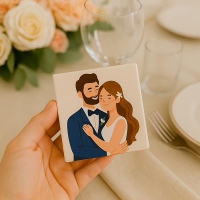 Azulejo branco com ilustração de casal apaixonado em fundo com copo e flores