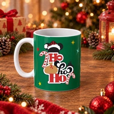 Caneca verde com desenhos natalícios e texto Ho Ho Ho, em ambiente festivo de Natal
