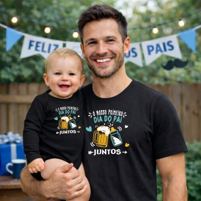 Dois t-shirts pretos para pai e bebé com texto e desenho alusivos ao Dia do Pai ao ar livre com decoração festiva.