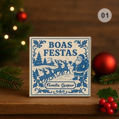 Placa decorativa de Natal com texto BOAS FESTAS e personalização Família Gaspar