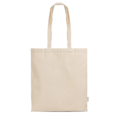 Saco tote de algodão cru com duas alças longas e etiqueta COTTON