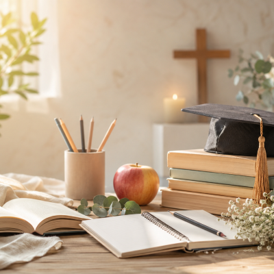 Mesa de estudo com livros, cadernos, lápis e chapéu académico