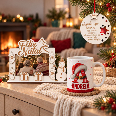 Conjunto decorativo natalício com moldura, caneca personalizada e ornamento pendurado com texto