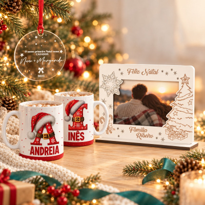 Canecas, moldura e enfeite natalícios decorados, numa mesa com árvore de Natal ao fundo