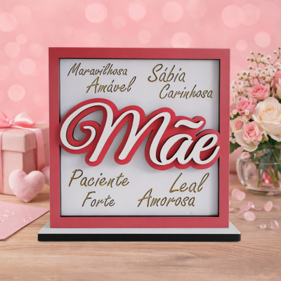 Placa decorativa para Mãe com moldura vermelha e palavras descritivas em ambiente com presentes e flores