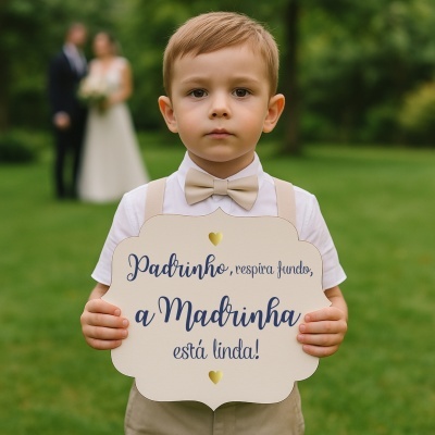 Menino segurando placa com texto de casamento em jardim com casal ao fundo desfocado