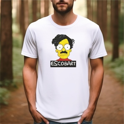 Camiseta branca com estampa ESCOBART e personagem amarelo com cabelo e bigode pretos.