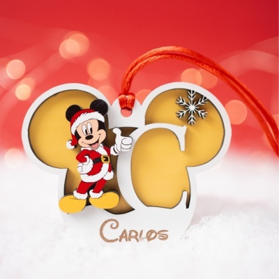 Enfeite de Natal com Mickey Mouse vestido de Pai Natal e nome Carlos