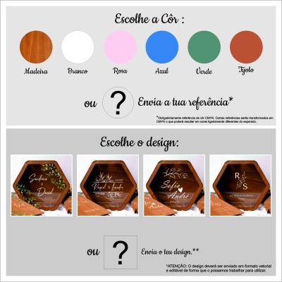 Opções de cores em círculos e bandejas hexagonais em madeira com diferentes designs em texto e ilustrações brancas.