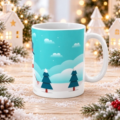 Caneca branca de cerâmica com padrão de neve e pinheiros azuis em ambiente de Natal