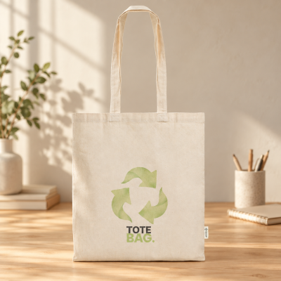 Saco tote de tecido cru com estampa verde e texto Tote Bag