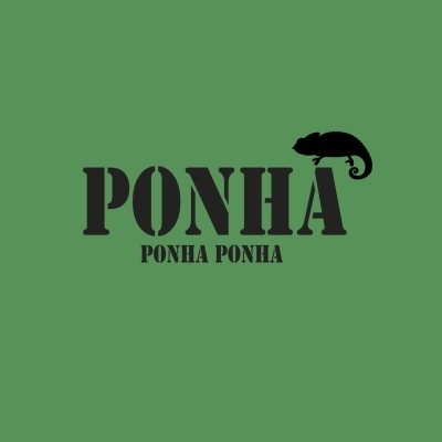 Texto PONHA com camaleão negro sobre letra A em fundo verde