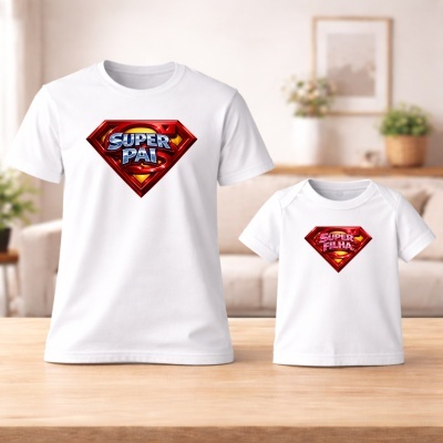 Duas t-shirts brancas com logótipos tipo escudo vermelho e amarelo e textos SUPER PAI e SUPER FILHA numa sala com plantas