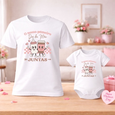 T-shirt e body brancos com estampa para o Dia da Mãe, com personagens e texto em rosa e castanho.