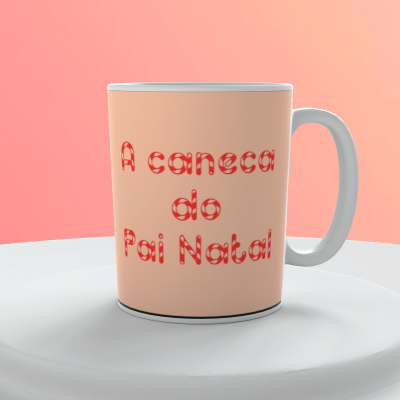 Caneca cor de pêssego com texto vermelho em fundo rosa.