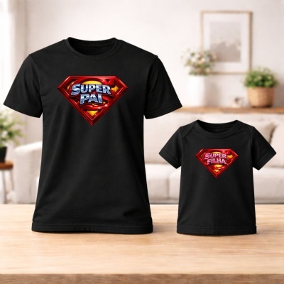 Duas t-shirts pretas com logótipos SUPER PAI e SUPER FILHA em ambiente interior