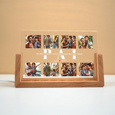Porta-fotos em vidro com oito fotos de pai e filho e texto sobre pais