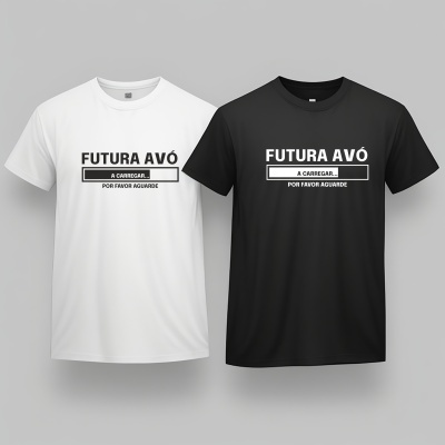 Duas t-shirts, branca e preta, com texto FUTURA AVÓ A CARREGAR... POR FAVOR AGUARDE em português.