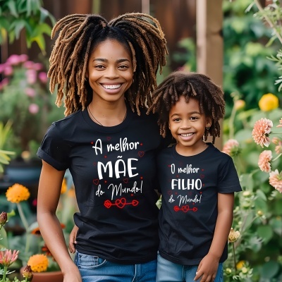 Duas camisetas pretas com textos em português sobre mãe e filho, usadas ao ar livre com flores ao fundo
