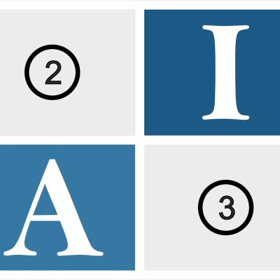 Quadrados azuis e cinza claro com letras P, I, A, coração branco e números 1 a 4 em círculos pretos