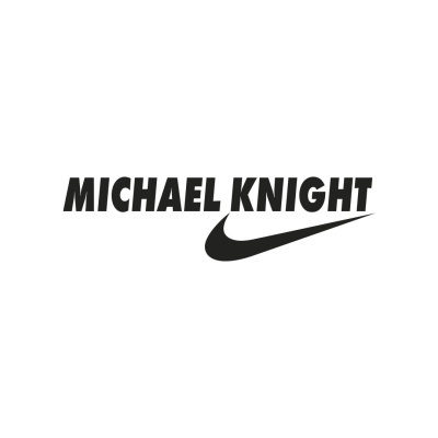 Texto MICHAEL KNIGHT com símbolo preto tipo logótipo Nike em fundo branco.