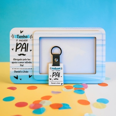 Moldura e porta-chaves com mensagem para o melhor pai em tons de azul e branco