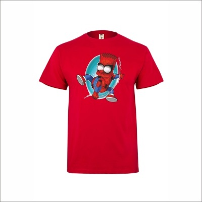 T-shirt vermelha com desenho cartoon do Bart Simpson vestido de Spider-Man