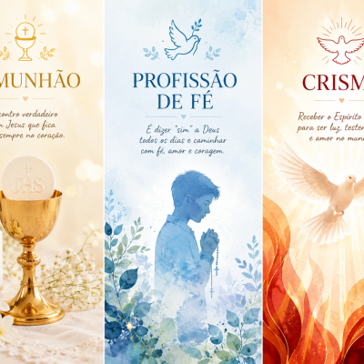 Três painéis verticais com temas religiosos comunhão, profissão de fé e crisma em tons dourado, azul e vermelho